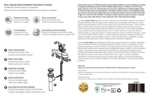 Boston Harbor TQ-F4510042CP Lavatory Faucet, 1.2 gpm, 1-Faucet Handle, 3-Faucet Hole, Metal/Plastic, Chrome Plated