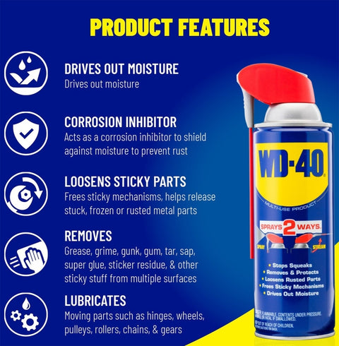WD-40 Smart Straw 490040 Multi-Use Lubricant, Petroleum Base, 11 oz, Classic Product, Lubricant for Tools, Hinges, Gears