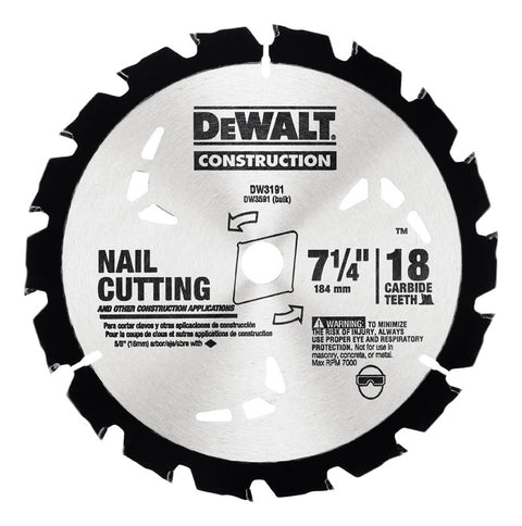 DeWalt 7-1/4 in. Dia. 18 teeth Carbide Tip Circular Saw Blade For Nail Cutting