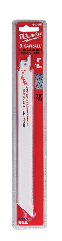 Milwaukee 9 in. L 18 TPI Bi-Metal Sawzall Blade 5 pk