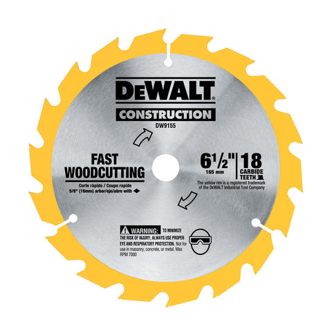 DeWalt 6-1/2 in. Dia. 18 teeth Carbide Tip Circular Saw Blade For Cutting Wood