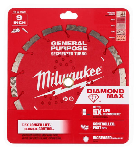 Milwaukee DIAMOND MAX 49-93-9009 Turbo General-Purpose Saw Blade, 9 in Dia, 7/8 in-5/8 in Arbor, Segmented Rim