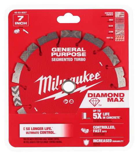 Milwaukee DIAMOND MAX 49-93-9007 Turbo General-Purpose Saw Blade, 7 in Dia, DM-7/8 in-5/8 in Arbor, Segmented Rim