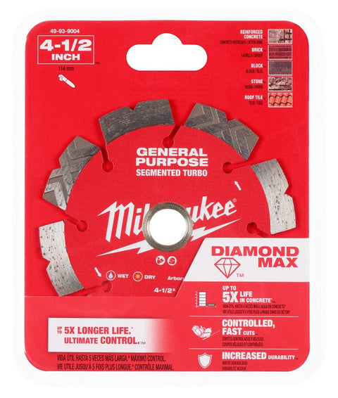 Milwaukee DIAMOND MAX 49-93-9004 Turbo General-Purpose Saw Blade, 4-1/2 in Dia, 7/8 in-20 mm-5/8 in Arbor, Segmented Rim