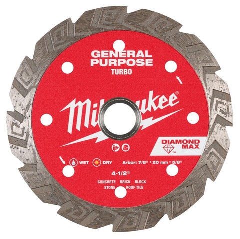 Milwaukee DIAMOND MAX 49-93-9104 Turbo General-Purpose Saw Blade, 4-1/2 in Dia, 7/8 in-20 mm-5/8 in Arbor, Turbo Rim