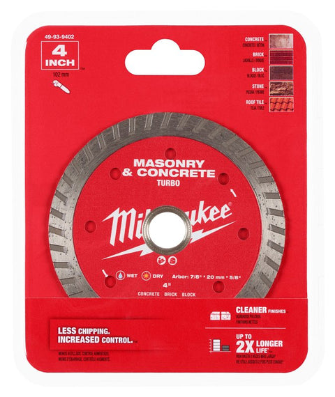 Milwaukee 49-93-9402 Saw Blade, 4 in Dia, 7/8 in-20 mm-5/8 in Arbor, Turbo Rim