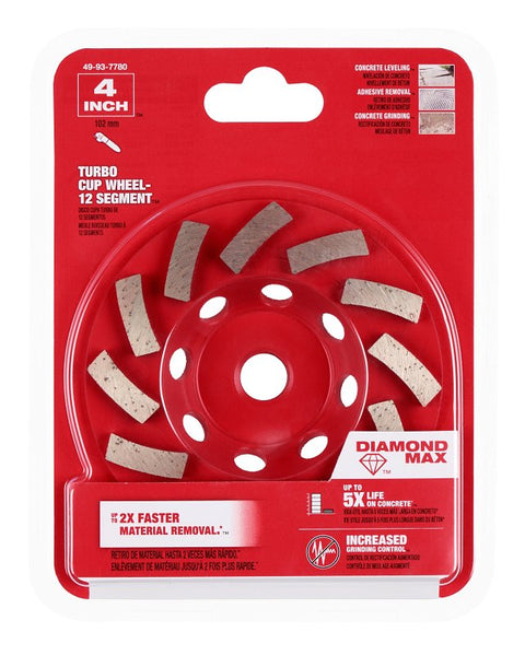 Milwaukee 49-93-7780 Cup Wheel, 4 in Dia, 5/8 in Arbor, Diamond Abrasive