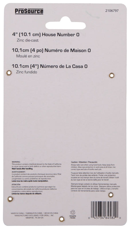 ProSource N-Z050PB3L-PS House Number, Character: 0, 4 in H Character, 2.67 in W Character