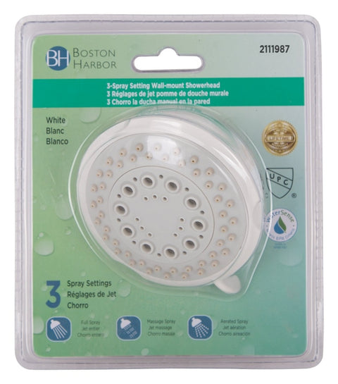 Boston Harbor TS02213WH Shower Head, 1.75 (6.6) 80 gpm (L/MIN) psi, 1/2-14 NPT Connection, Threaded, 3-Spray Function