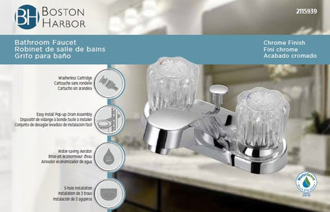 Boston Harbor F5120069CP Lavatory Faucet, 1.2 gpm, 2-Faucet Handle, 3-Faucet Hole, Metal/Plastic, Chrome Plated