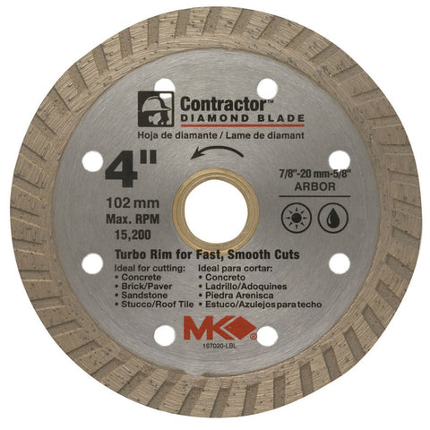 M.K. Diamond 4 in. Dia. Diamond Wet/Dry Continuous Turbo Rim Saw Blade For Cutting Concrete and M