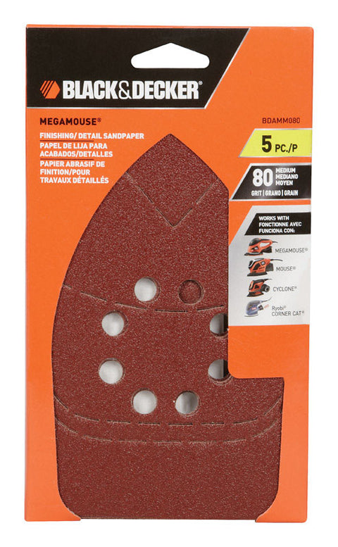 Black+Decker Mega Mouse Aluminum Oxide Sandpaper 80 Grit Medium 5 pk