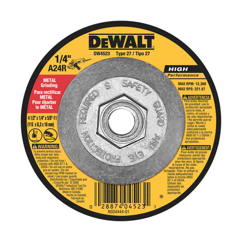 DeWalt High Performance Metal Grinding Wheel 4-1/2 in. Dia. x 1/4 in. thick x 5/8 in.-11 in.