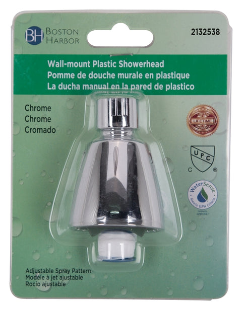 Boston Harbor B11204CP Shower Head, 1.75 gpm, 1/2-14 NPT Connection, Threaded, 1-Spray Function, Plastic, Chrome