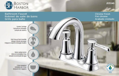 Boston Harbor F51B0035CP Lavatory Faucet, 1.2 gpm, 2-Handle, 3-Faucet Hole, Metal/Plastic, Chrome Plated