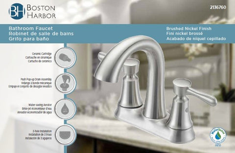 Boston Harbor F51B0035NP Lavatory Faucet, 1.2 gpm, 2-Faucet Handle, 3-Faucet Hole, Metal/Plastic, Brushed Nickel