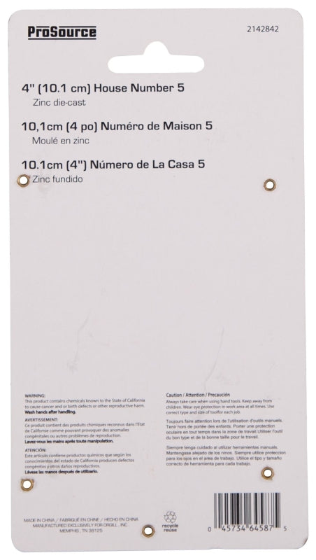 ProSource N-Z045PB3L-PS House Number, Character: 5, 4 in H Character, 2.28 in W Character