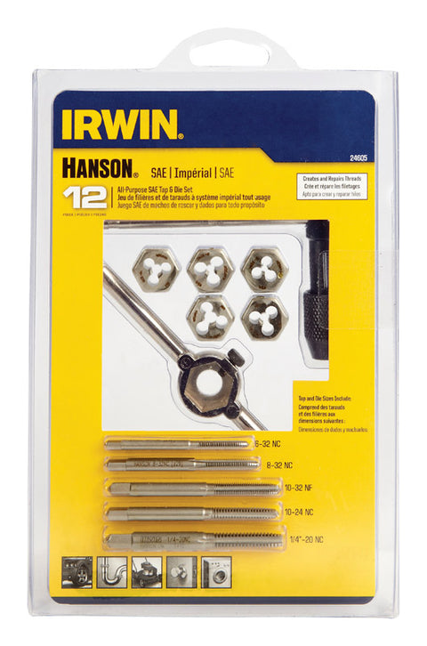 Irwin Hanson High Carbon Steel 6-32NC, 8-32NC, 10-24NC, 10-32NF, 1/4-20NC in. SAE Tap & Die Set