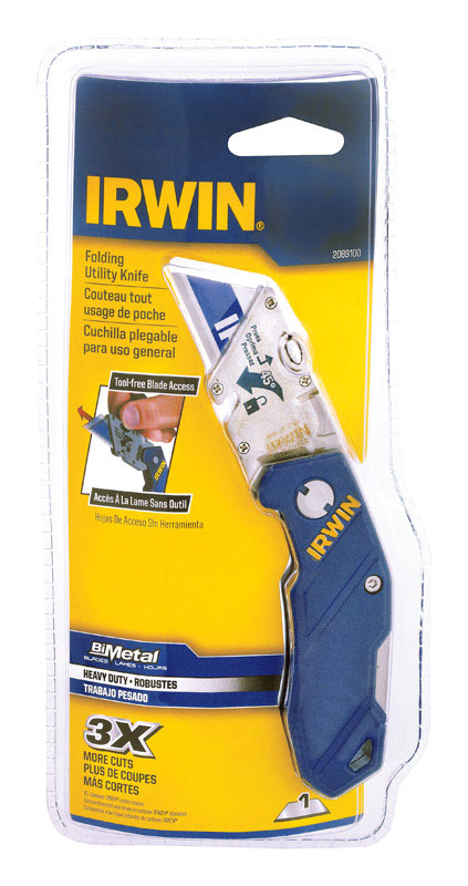 IRWIN 2089100 Folding Knife, 1 in W Blade, Bi-Metal Blade, 1-Blade, Straight Handle, Blue Handle