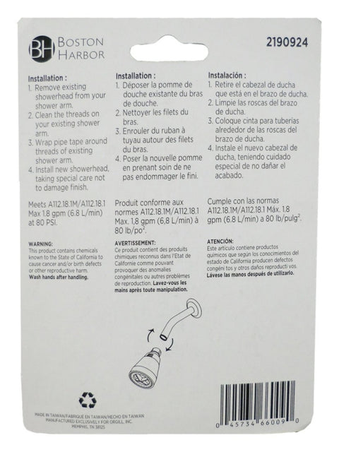 Boston Harbor PP6881320 Shower Head, Round, 1.8 gpm, 1/2-14 NSPM Connection, Threaded, ABS, 1-3/4 in Dia