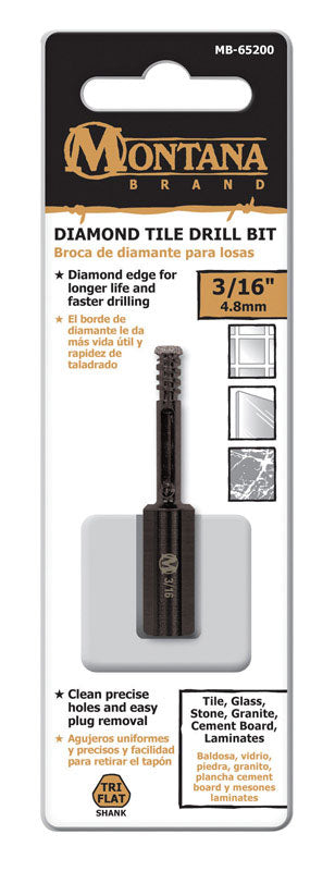 Montana Brand Diamond Tile Black Oxide 3-Flat Shank 3/16 in. Dia. Drill Bit 1 pc.