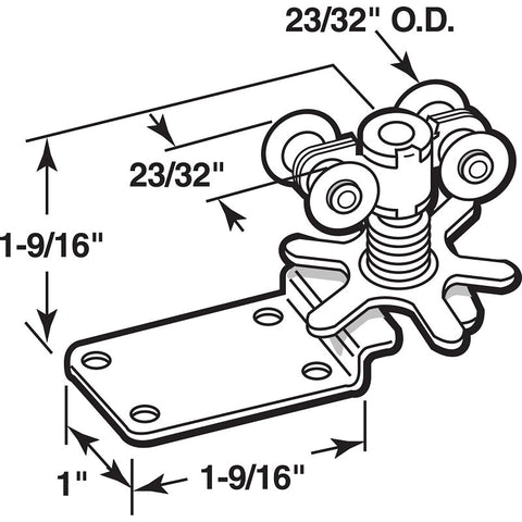 Prime-Line N 6724 Door Roller, 23/32 in Dia Roller, Steel, 4-Roller, 100 lb, Top Mounting