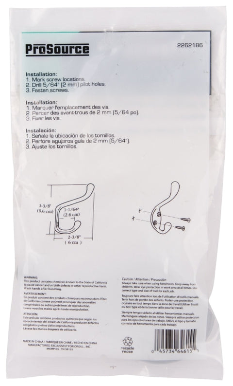 ProSource H6271007CH-PS Coat and Hat Hook, 22 lb, 2-Hook, 1-1/64 in Opening, Zinc, Chrome