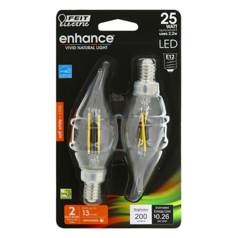 Feit Electric BPCFC25/927/LED/2 LED Bulb, Flame Tip, Flame Tip Lamp, 25 W Equivalent, E12 Candelabra Lamp Base, Dimmable