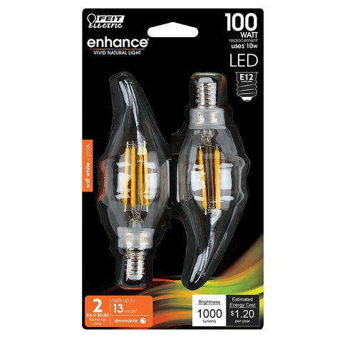 Feit Electric BPCFC100927CAFIL/ Filament LED Bulb, Flame Tip, BA10 Lamp, E12 Lamp Base, Clear