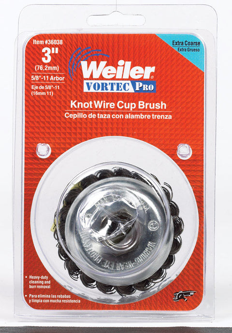 Weiler 3 in. Dia. x 5/8-11 Vortec Pro Steel Cup Brush 1 pc. Knotted
