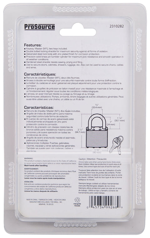 ProSource HD00012-3L Padlock, Standard Shackle, 1/4 in Dia Shackle, 1-1/4 in H Shackle, Steel Shackle, Steel Body