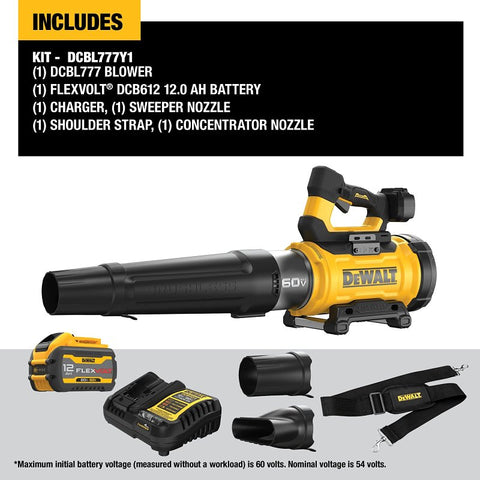 DEWALT DCBL777Y1 High-Power Brushless Blower Kit, Battery Included, 4 Ah, 60 V, Lithium-Ion, 760 cfm Air