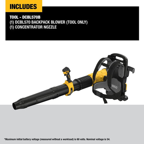 DEWALT MAX DCBL570B Cordless Backpack Blower, Tool Only, 60 V, Lithium-Ion, 3-Speed, 855 cfm Air, 82 min Run Time