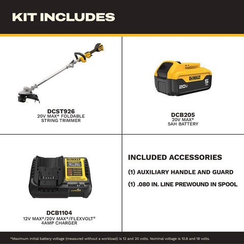 DEWALT DCST926P1 Foldable String Trimmer, Battery Included, 5 Ah, 20 V