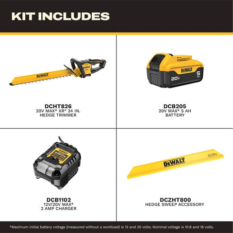 DEWALT MAX XR DCHT826P1 Hedge Trimmer Kit, Battery Included, 5 Ah, 20 V, 1 in Cutting Capacity, 24 in L Blade