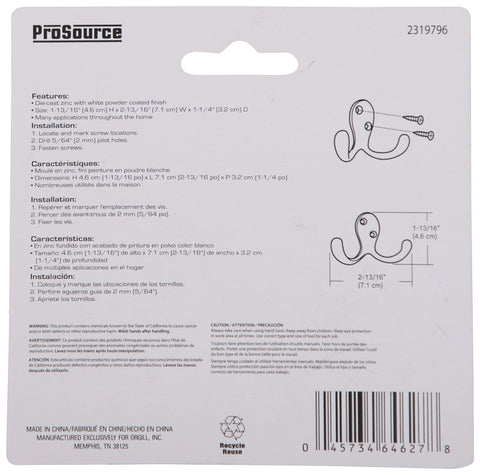 ProSource 23263WHB-PS Coat and Hat Hook, 22 lb, 2-Hook, 7/8 in Opening, Zinc, Powder-Coated