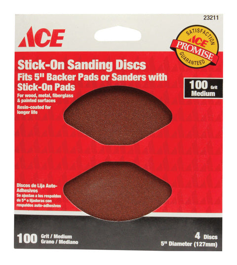 Ace 5 in. Dia. Sanding Disc 100 Grit Medium Adhesive 4 pk