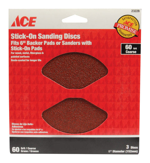 Ace 6 in. Dia. Sanding Disc 60 Grit Coarse Adhesive 3 pk