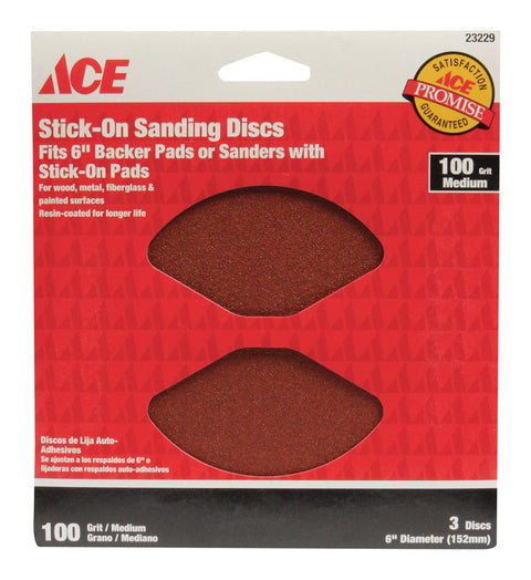 Ace 6 in. Dia. Sanding Disc 100 Grit Medium Adhesive 3 pk