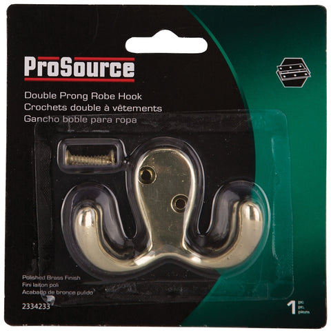 ProSource 23263BBB3L-PS Coat and Hat Hook, 22 lb, 2-Hook, 7/8 in Opening, Zinc, Polished Brass