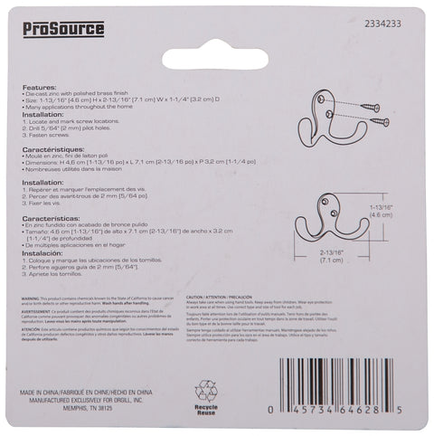 ProSource 23263BBB3L-PS Coat and Hat Hook, 22 lb, 2-Hook, 7/8 in Opening, Zinc, Polished Brass