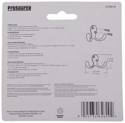 ProSource 23263ABB3L-PS Coat and Hat Hook, 22 lb, 2-Hook, 7/8 in Opening, Zinc, Antique Brass
