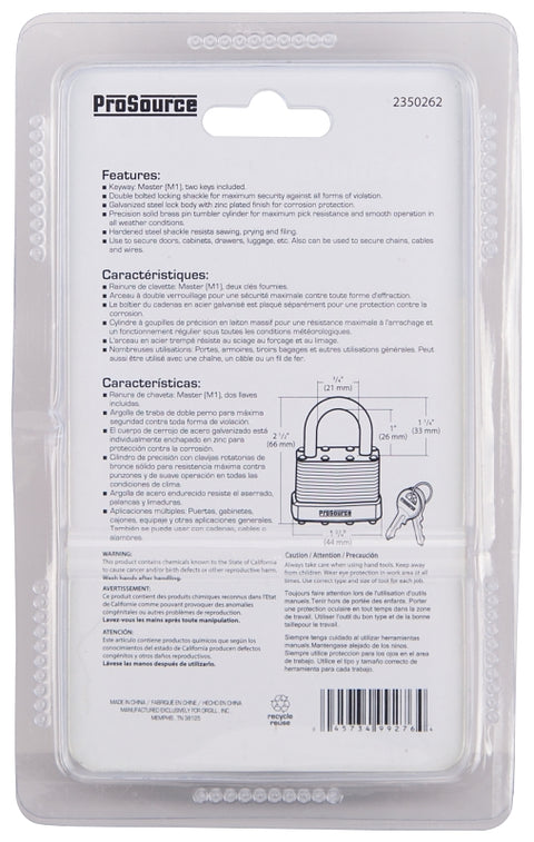 ProSource HD00028-3L Padlock, Standard Shackle, 9/32 in Dia Shackle, 1-1/4 in H Shackle, Steel Shackle, Steel Body