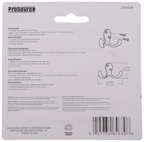 ProSource 23263CHB3L-PS Coat and Hat Hook, 22 lb, 2-Hook, 7/8 in Opening, Zinc, Chrome