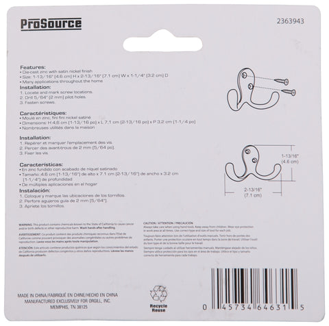 ProSource 23263SNB3L-PS Coat and Hat Hook, 22 lb, 2-Hook, 7/8 in Opening, Zinc, Satin Nickel