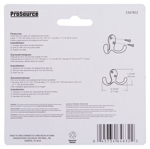 ProSource 23263ORBB3L-PS Coat and Hat Hook, 22 lb, 2-Hook, 7/8 in Opening, Zinc, Oil-Rubbed Bronze