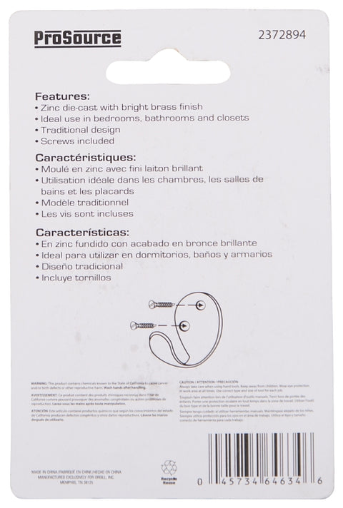 ProSource H63PB-PS Coat and Hat Hook, 22 lb, 1-Hook, 1-1/8 in Opening, Zinc, Brass