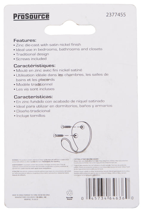 ProSource H63SN-PS Coat and Hat Hook, 22 lb, 1-Hook, 1-1/8 in Opening, Zinc, Satin Nickel