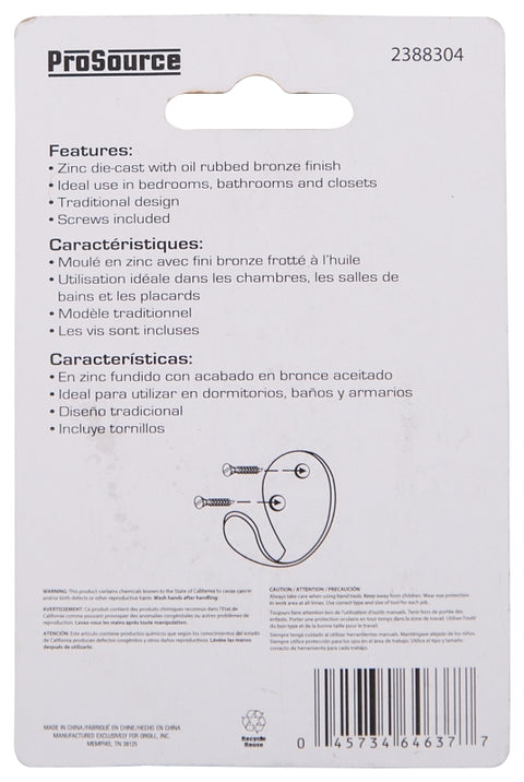 ProSource H63ORB-PS Coat and Hat Hook, 22 lb, 1-Hook, 1-1/8 in Opening, Zinc, Oil-Rubbed Bronze