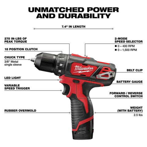Milwaukee M12 3/8 in. Brushed Cordless Drill/Driver Kit (Battery & Charger)